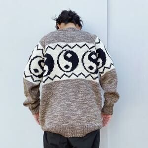 Black Weirdos | Yin Yang Sweater Oatmeal Hand Knit Intarsia Chunky Crew Neck M